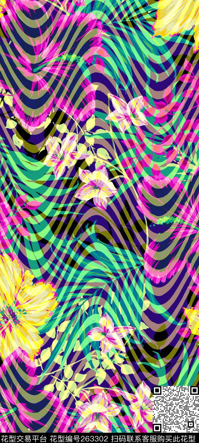 花卉条纹抽象数码印花华亿平台下载（图片编号: 263302） - 瓦栏（Walan）