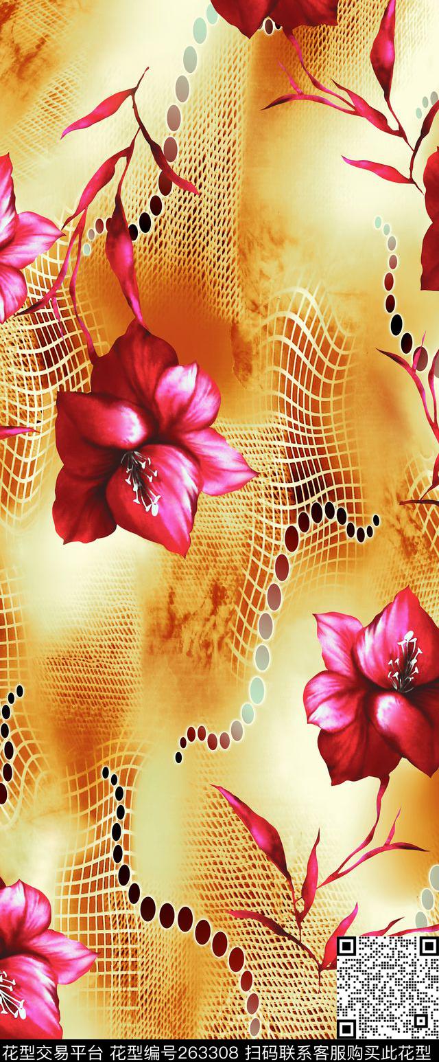花卉网格组合数码印花华亿平台下载（图片编号: 263308） - 瓦栏（Walan）