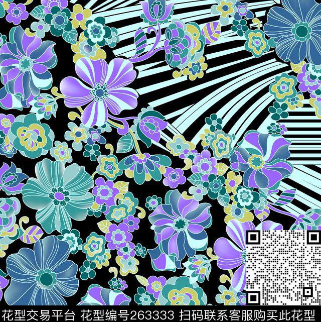 花卉条纹蓝紫传统印花华亿平台下载（图片编号: 263333） - 瓦栏（Walan）
