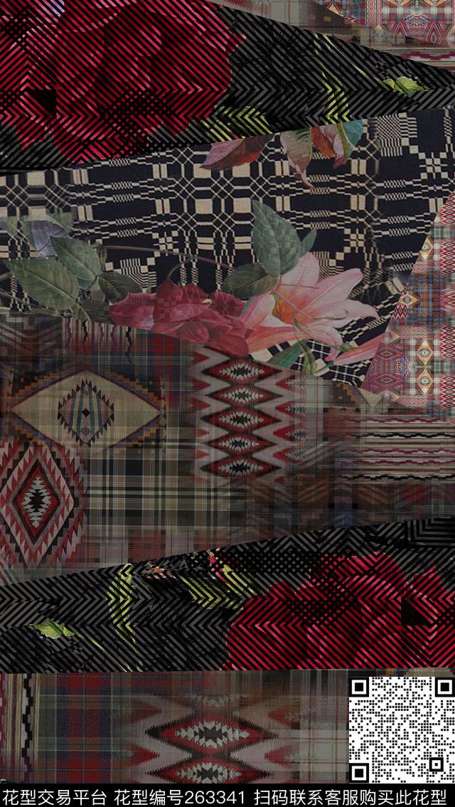 花卉几何格子数码印花华亿平台下载（图片编号: 263341） - 瓦栏（Walan）
