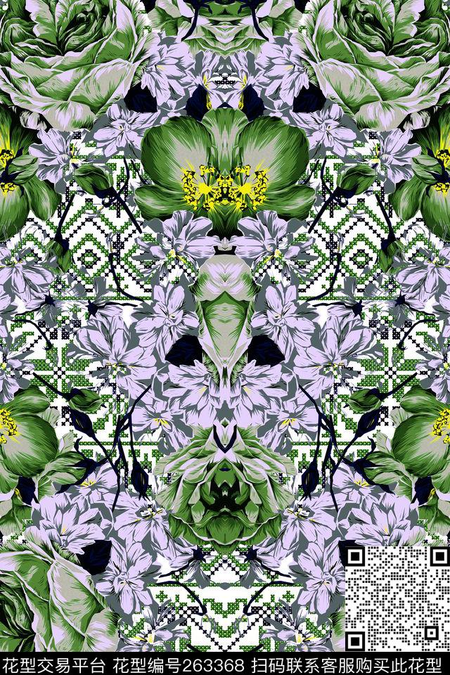花卉几何对称数码印花华亿平台下载（图片编号: 263368） - 瓦栏（Walan）