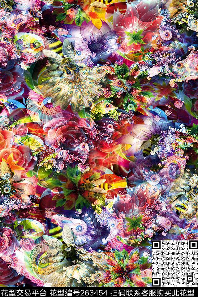 花卉满版炫彩数码印花华亿平台下载（图片编号: 263454） - 瓦栏（Walan）