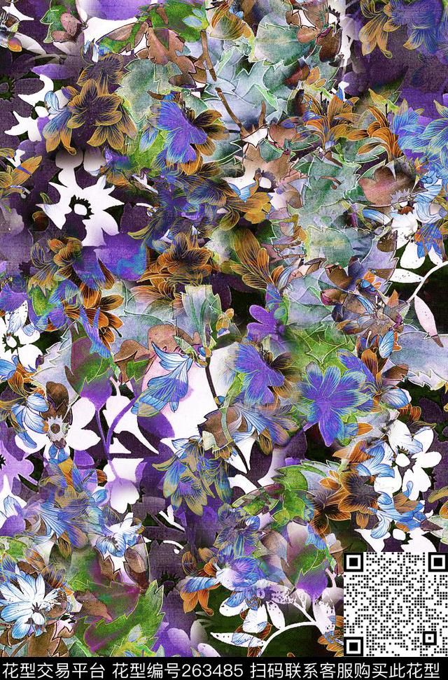 花卉淡雅笔触数码印花华亿平台下载（图片编号: 263485） - 瓦栏（Walan）