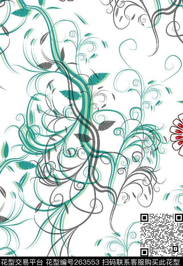 卷草纹缠枝树枝传统印花华亿平台下载（图片编号: 263553） - 瓦栏（Walan）