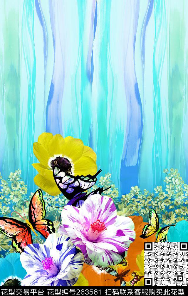 花卉蝴蝶定位数码印花华亿平台下载（图片编号: 263561） - 瓦栏（Walan）