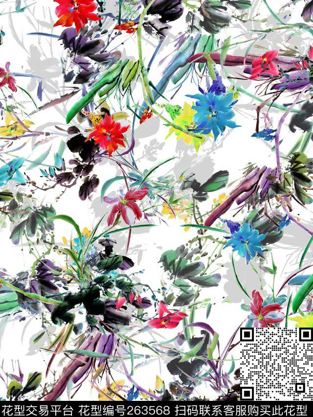 花卉水墨淡雅数码印花华亿平台下载（图片编号: 263568） - 瓦栏（Walan）