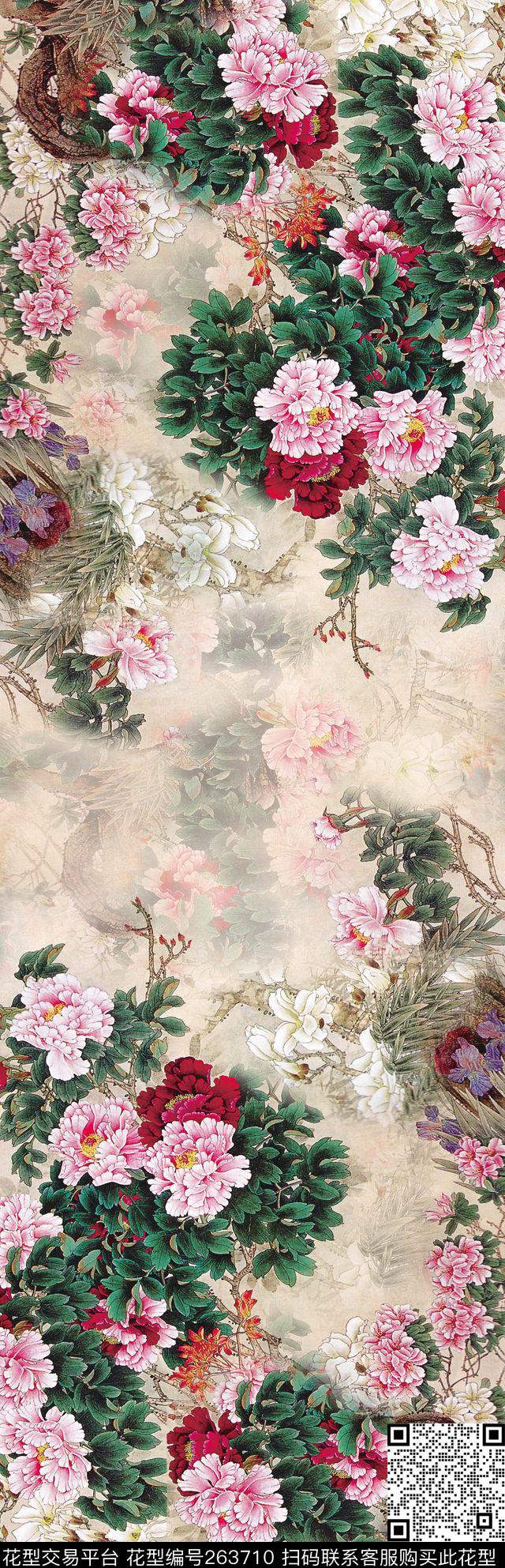 牡丹富贵国画数码印花华亿平台下载（图片编号: 263710） - 瓦栏（Walan）