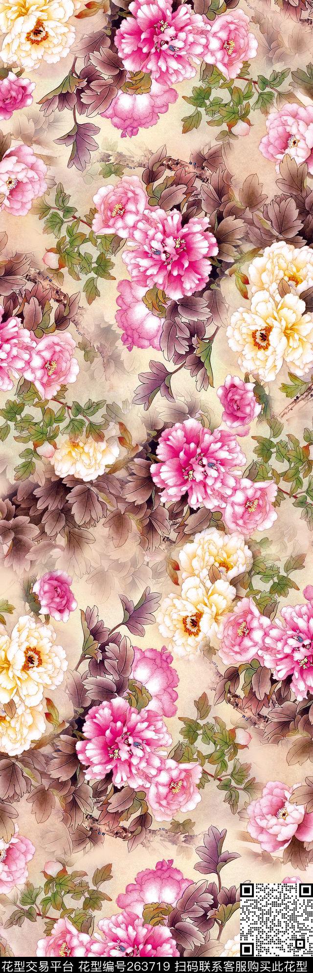 花卉牡丹工笔数码印花华亿平台下载（图片编号: 263719） - 瓦栏（Walan）