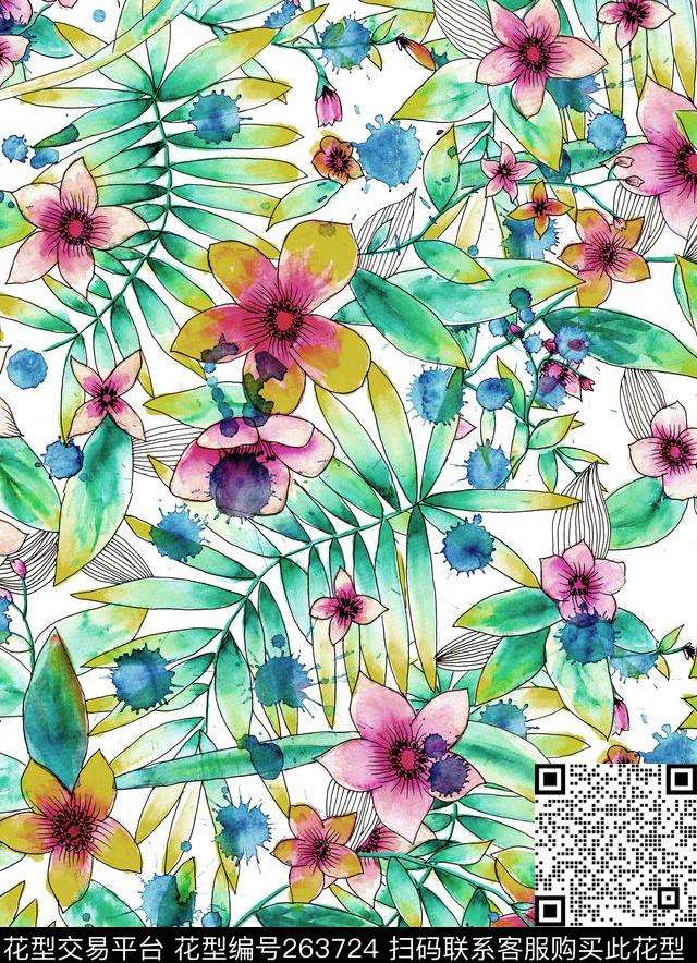水彩花卉植物数码印花华亿平台下载（图片编号: 263724） - 瓦栏（Walan）