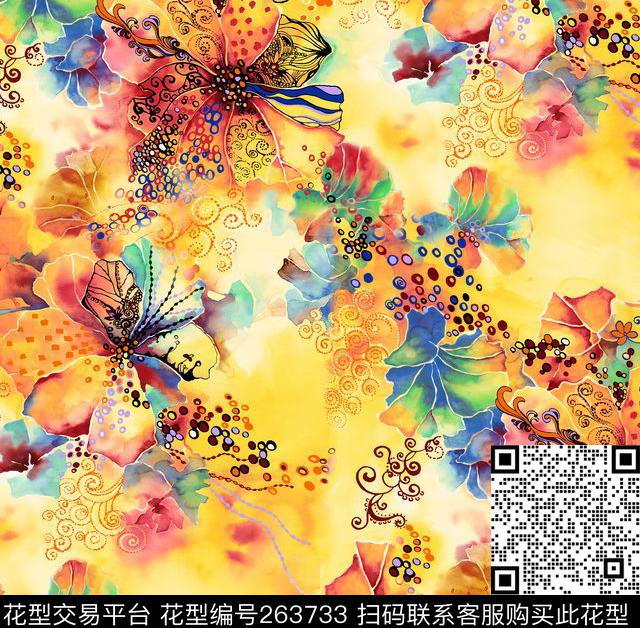 花卉水彩缤纷数码印花华亿平台下载（图片编号: 263733） - 瓦栏（Walan）