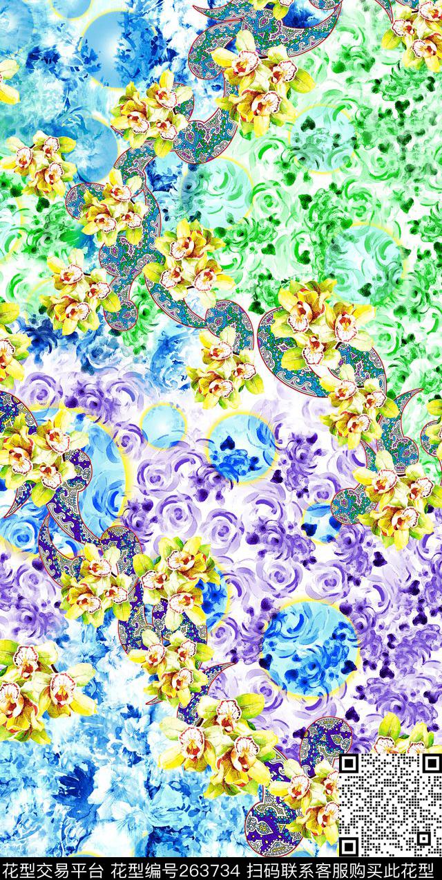 花卉水彩清新数码印花华亿平台下载（图片编号: 263734） - 瓦栏（Walan）