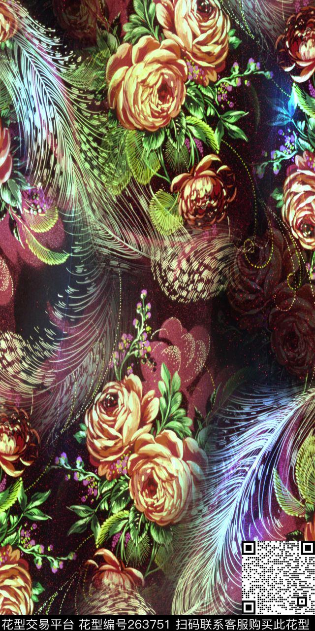 花卉羽毛富丽数码印花华亿平台下载（图片编号: 263751） - 瓦栏（Walan）