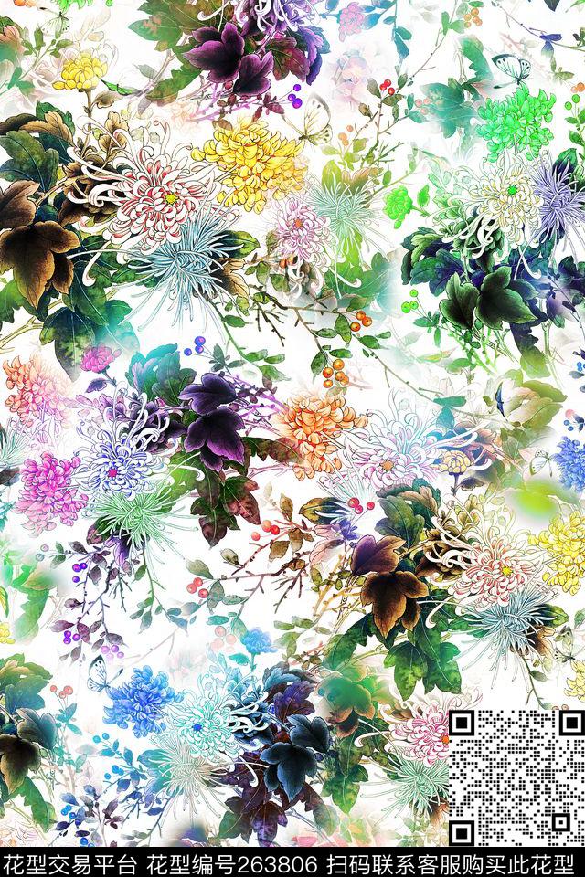 花卉淡雅清新数码印花华亿平台下载（图片编号: 263806） - 瓦栏（Walan）