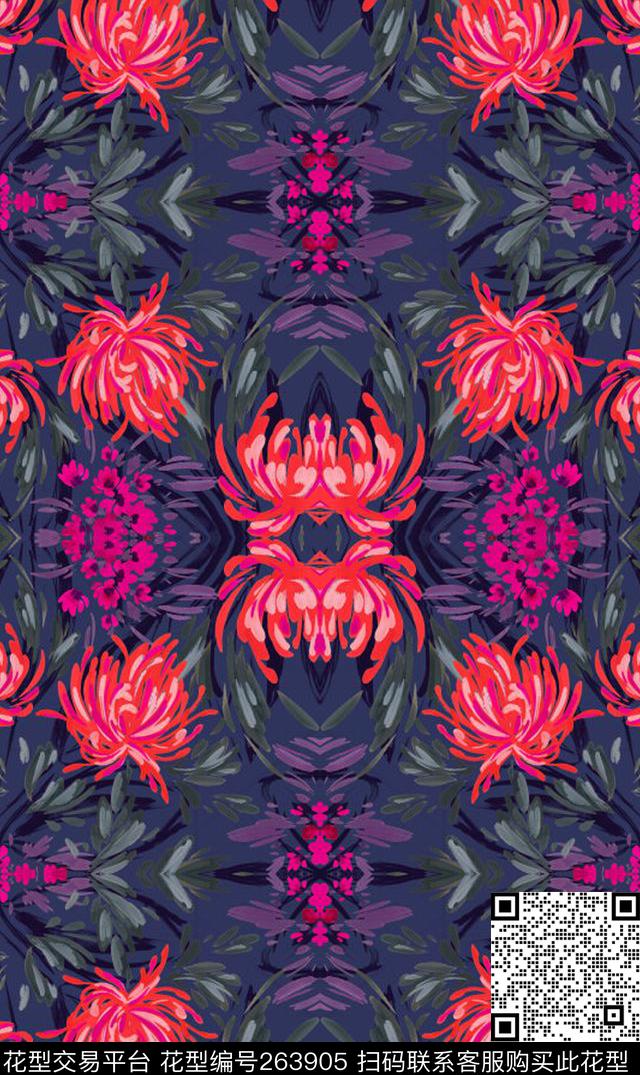 菊花满版古典数码印花华亿平台下载（图片编号: 263905） - 瓦栏（Walan）