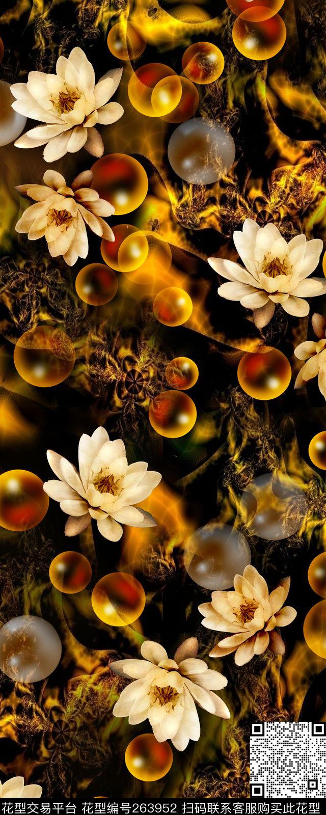 荷花气泡华丽数码印花华亿平台下载（图片编号: 263952） - 瓦栏（Walan）