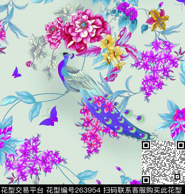 方巾孔雀淡雅数码印花华亿平台下载（图片编号: 263954） - 瓦栏（Walan）