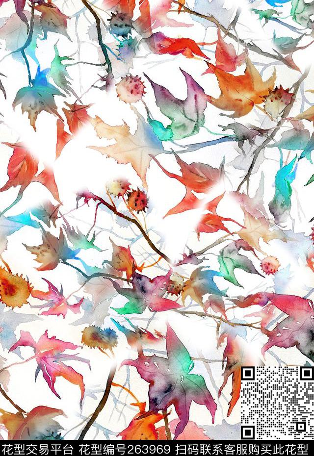 树叶淡雅水彩数码印花华亿平台下载（图片编号: 263969） - 瓦栏（Walan）