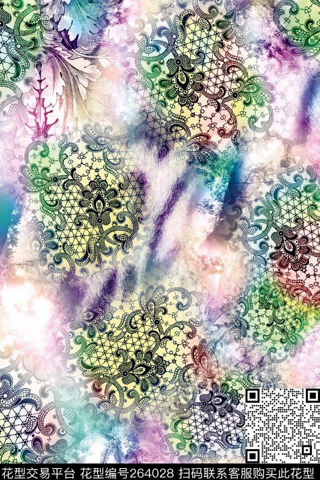 清新色蕾丝复古花纹数码印花华亿平台下载（图片编号: 264028） - 瓦栏（Walan）