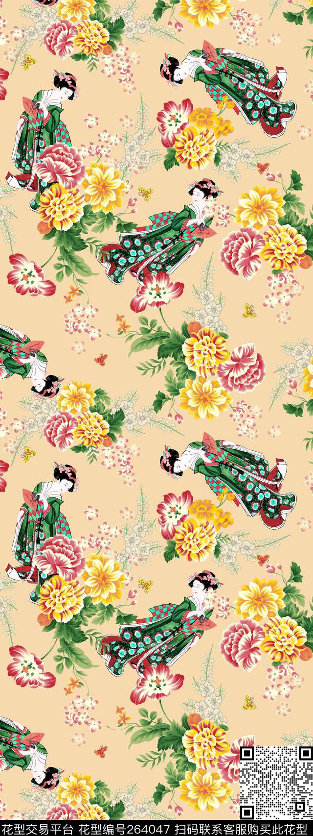 中国风花卉人物传统印花华亿平台下载（图片编号: 264047） - 瓦栏（Walan）