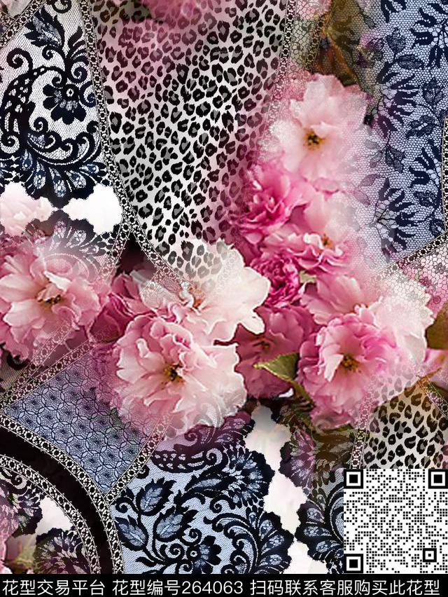 拼贴组合蕾丝复古花纹数码印花华亿平台下载（图片编号: 264063） - 瓦栏（Walan）