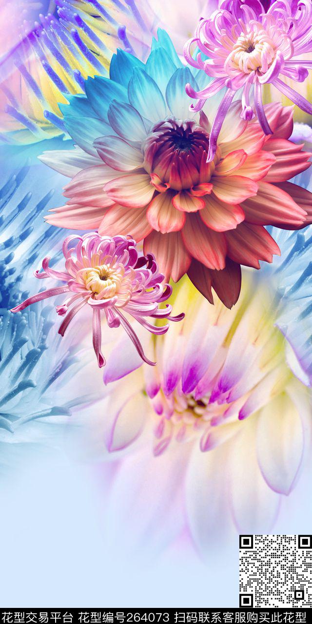 定位图案花卉大花数码印花华亿平台下载（图片编号: 264073） - 瓦栏（Walan）