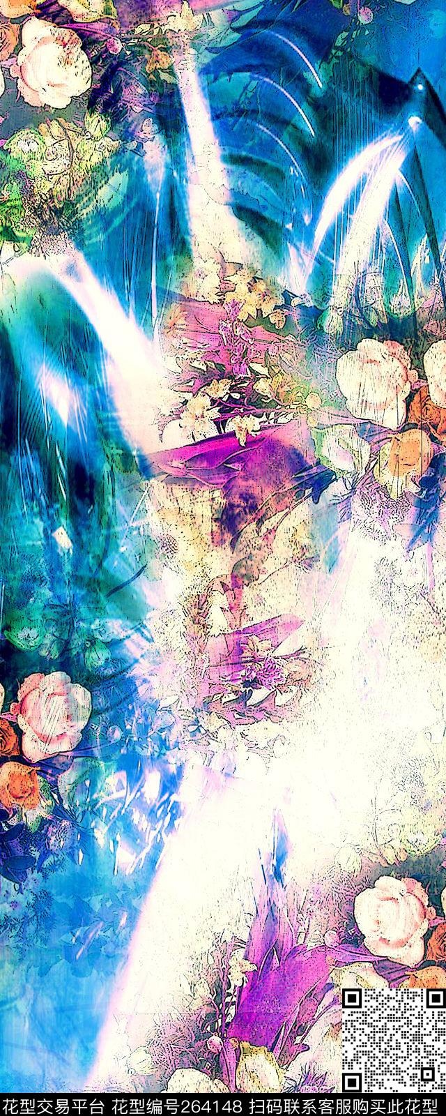 手绘玫瑰花卉数码印花华亿平台下载（图片编号: 264148） - 瓦栏（Walan）