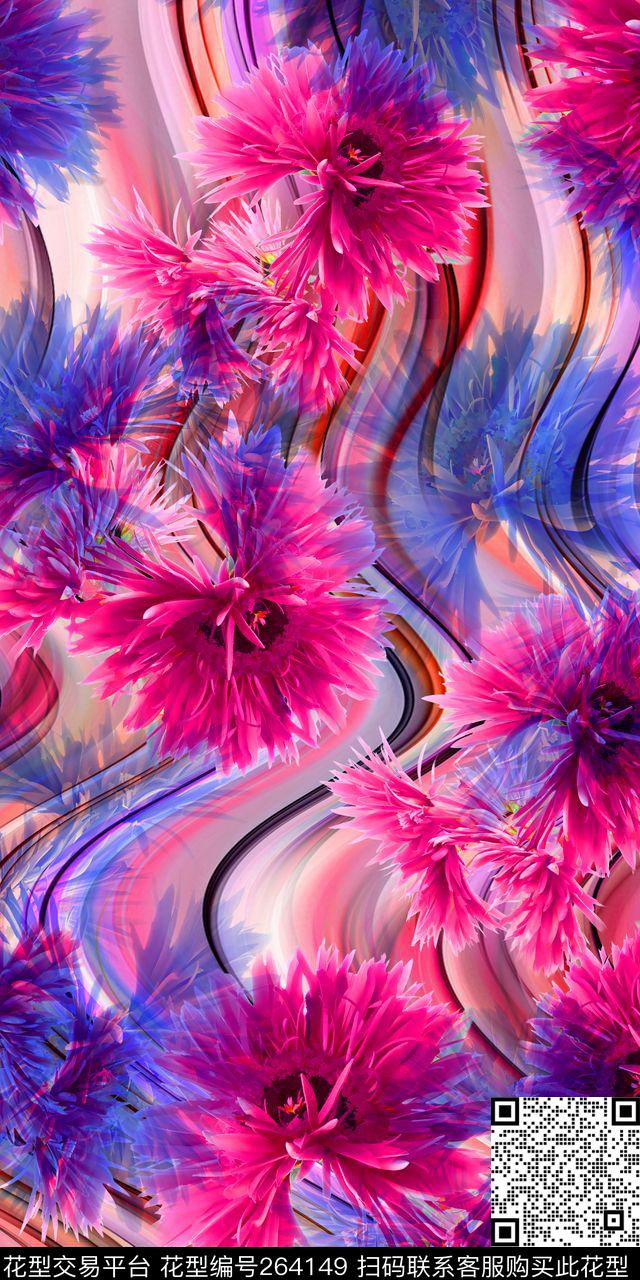大花花卉曲线数码印花华亿平台下载（图片编号: 264149） - 瓦栏（Walan）