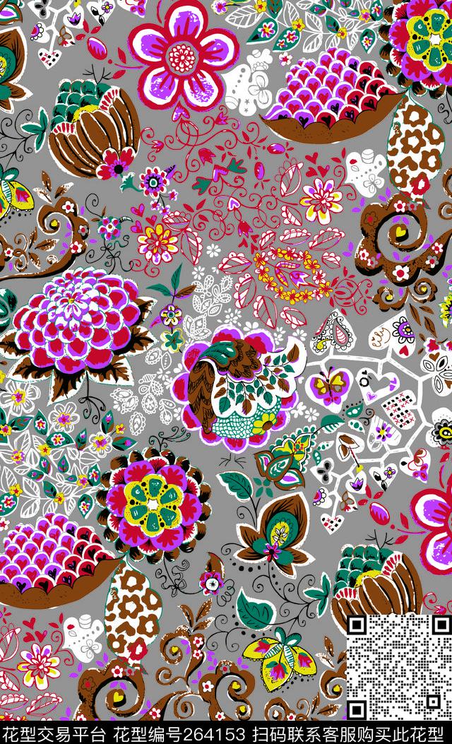 手绘蜡笔花花卉数码印花华亿平台下载（图片编号: 264153） - 瓦栏（Walan）