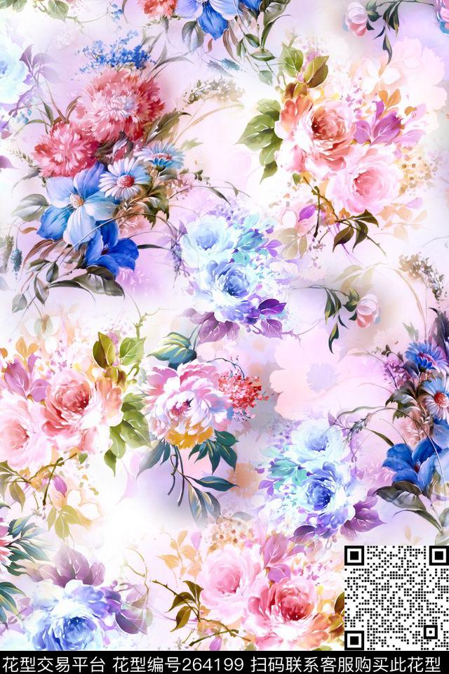 水彩花卉朦胧迷幻浪漫粉彩色数码印花华亿平台下载（图片编号: 264199） - 瓦栏（Walan）