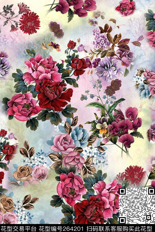 手绘花卉花朵植物花园数码印花华亿平台下载（图片编号: 264201） - 瓦栏（Walan）
