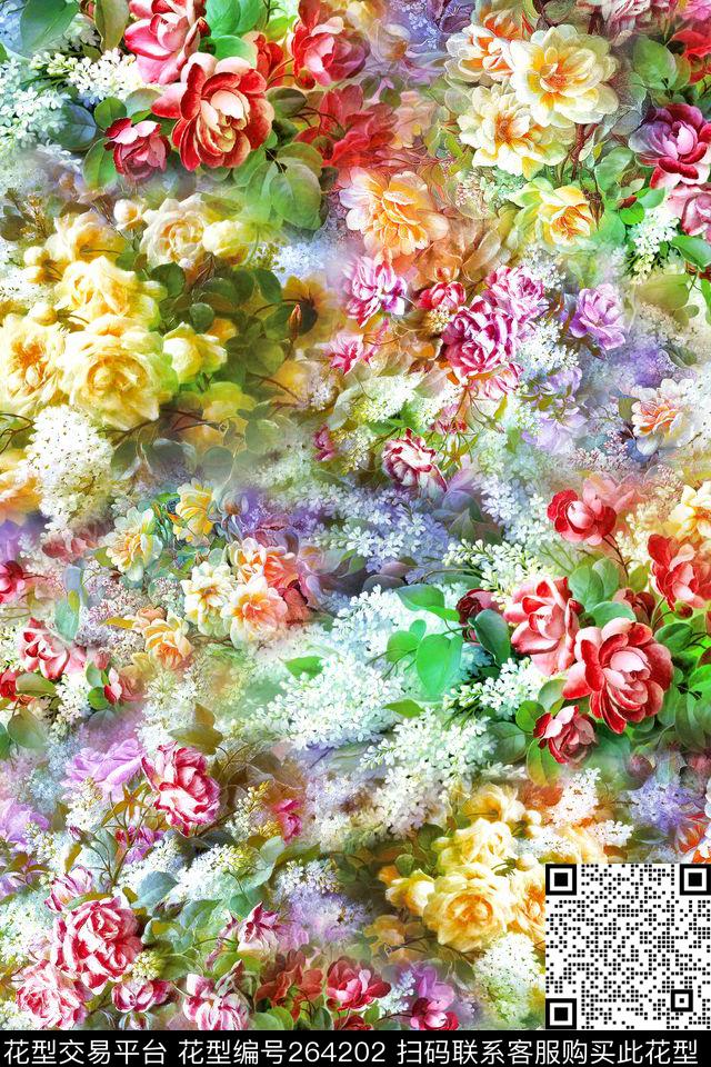 油画花卉欧洲复古满底密集数码印花华亿平台下载（图片编号: 264202） - 瓦栏（Walan）