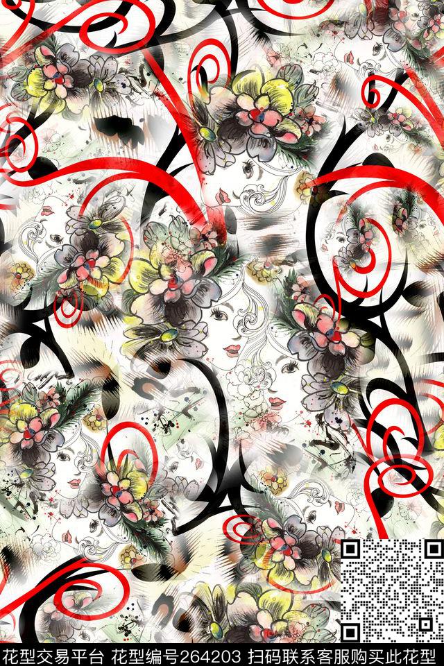 手绘花卉藤蔓数码印花华亿平台下载（图片编号: 264203） - 瓦栏（Walan）
