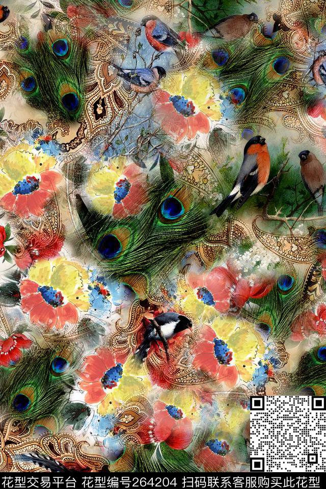 孔雀翎花鸟彩色数码印花华亿平台下载（图片编号: 264204） - 瓦栏（Walan）