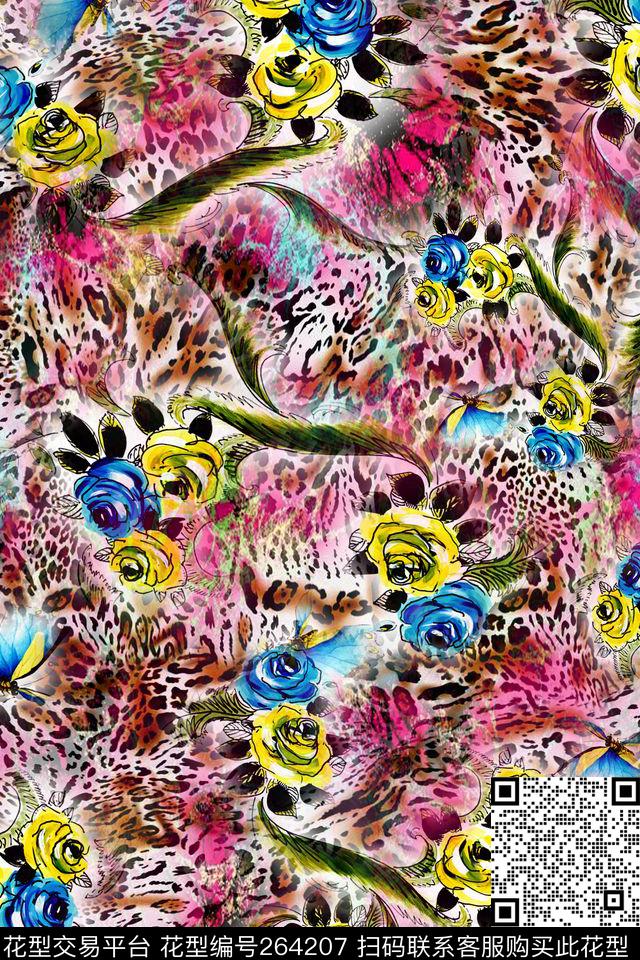 手绘彩色豹纹数码印花华亿平台下载（图片编号: 264207） - 瓦栏（Walan）