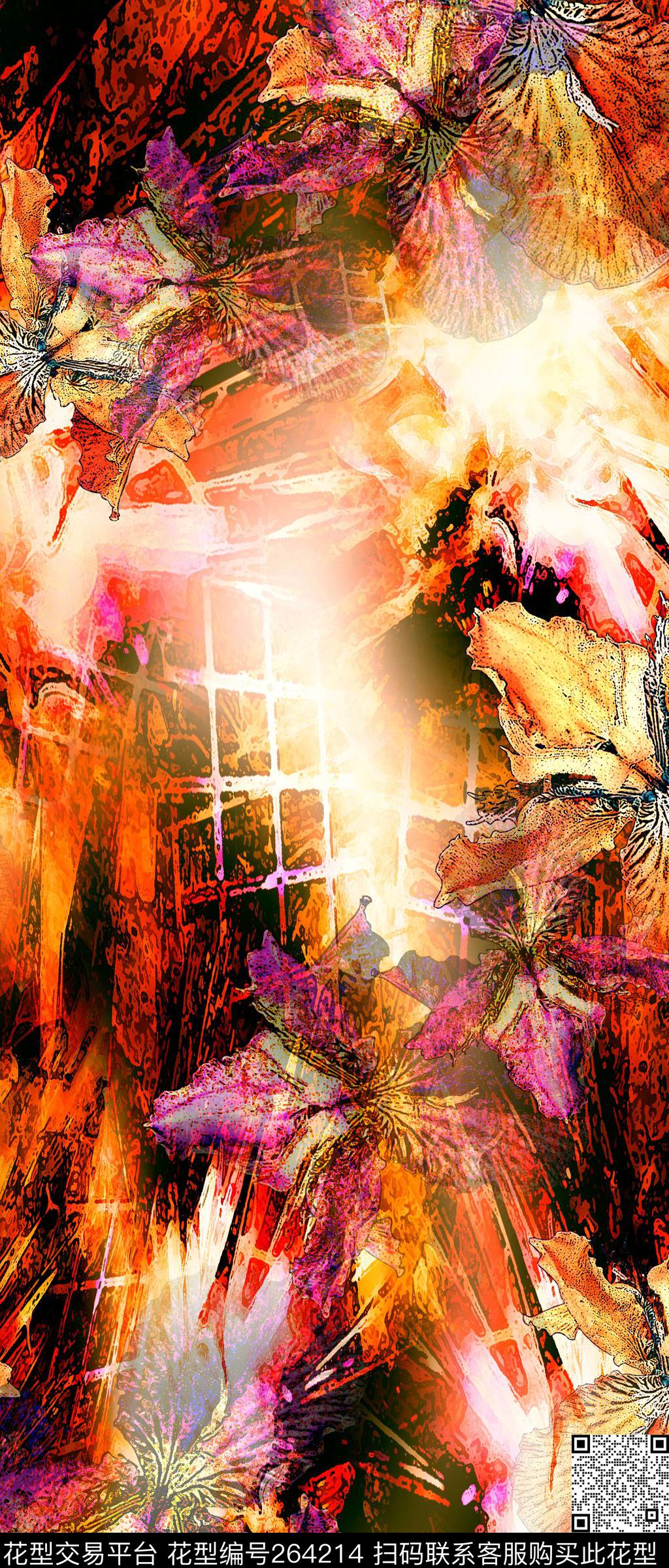 笔触肌理做旧花卉手绘数码印花华亿平台下载（图片编号: 264214） - 瓦栏（Walan）