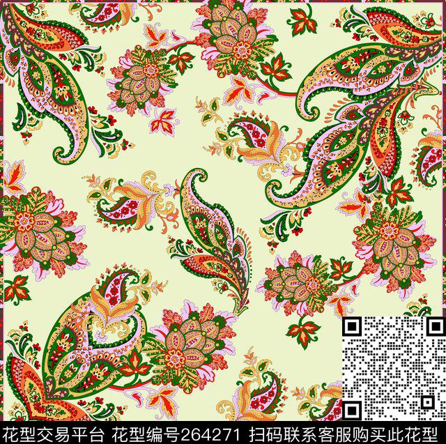 佩斯利涡旋纹描花花卉传统印花华亿平台下载（图片编号: 264271） - 瓦栏（Walan）