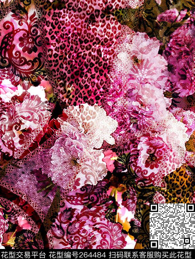 花卉豹纹蕾丝数码印花华亿平台下载（图片编号: 264484） - 瓦栏（Walan）