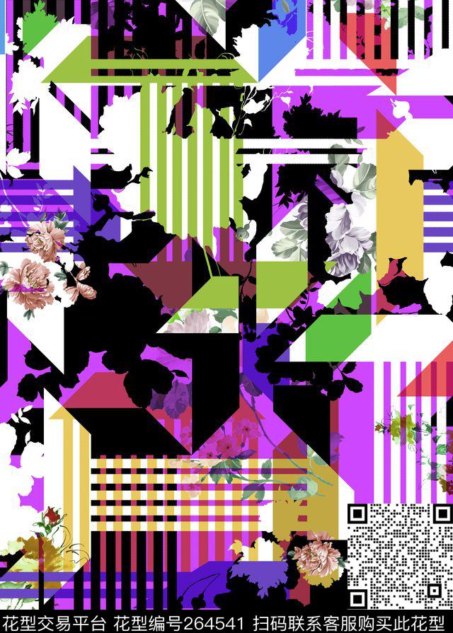 几何线条色块数码印花华亿平台下载（图片编号: 264541） - 瓦栏（Walan）