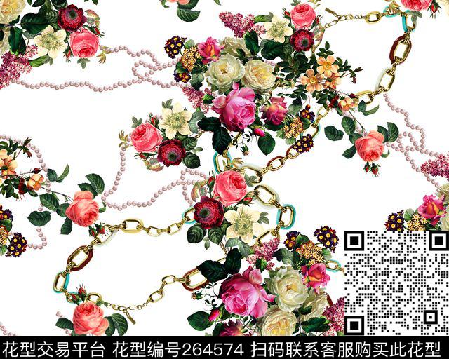 花卉白底花卉植物数码印花华亿平台下载（图片编号: 264574） - 瓦栏（Walan）