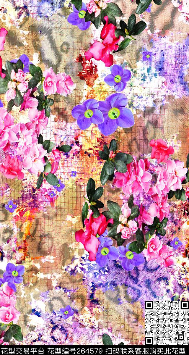 花卉手绘粉色花数码印花华亿平台下载（图片编号: 264579） - 瓦栏（Walan）