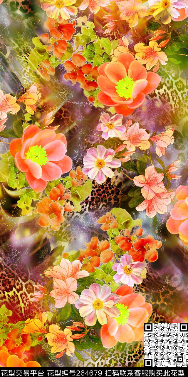 花卉满底绚丽数码印花华亿平台下载（图片编号: 264679） - 瓦栏（Walan）