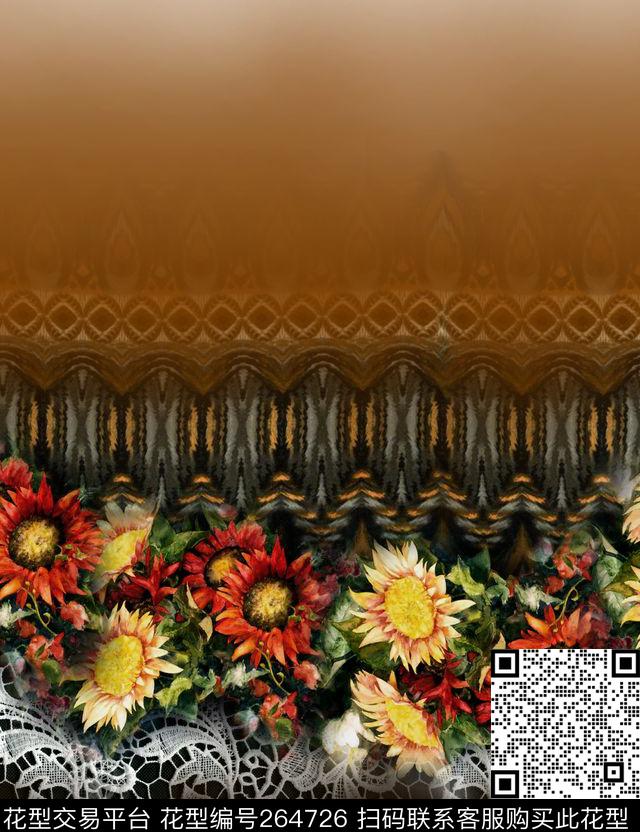 花卉蕾丝向日葵数码印花华亿平台下载（图片编号: 264726） - 瓦栏（Walan）