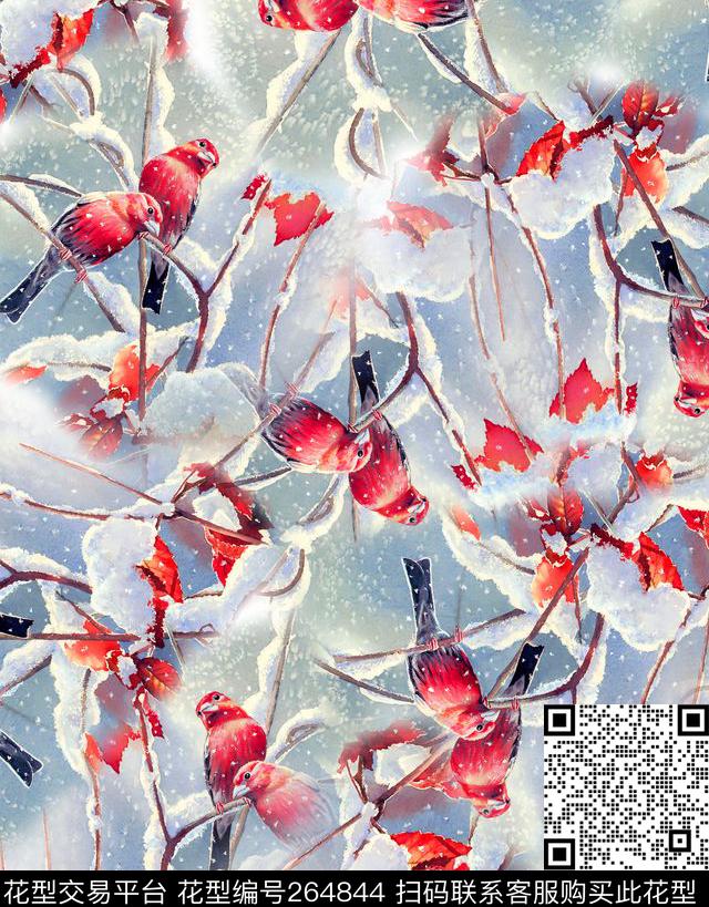 雪景动物鸟数码印花华亿平台下载（图片编号: 264844） - 瓦栏（Walan）