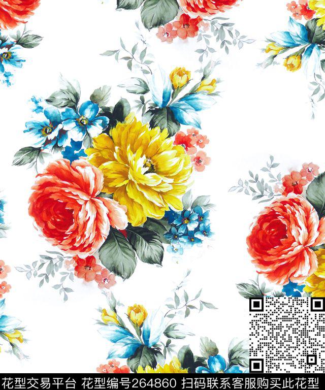 白底花卉花朵植物数码印花华亿平台下载（图片编号: 264860） - 瓦栏（Walan）
