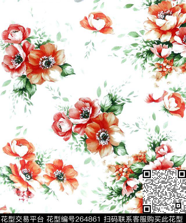 白底花卉植物手绘数码印花华亿平台下载（图片编号: 264861） - 瓦栏（Walan）