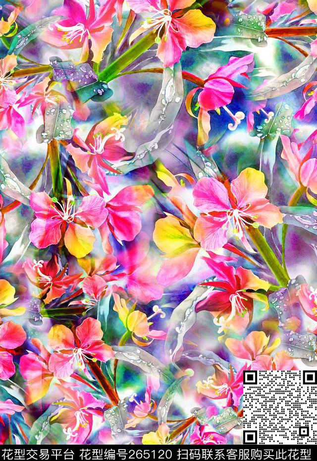 彩色花卉艳丽数码印花华亿平台下载（图片编号: 265120） - 瓦栏（Walan）