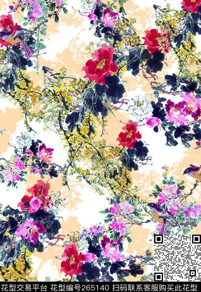 中国风水墨花鸟数码印花华亿平台下载（图片编号: 265140） - 瓦栏（Walan）