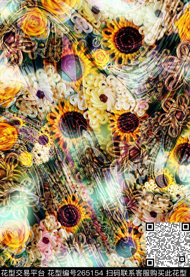 花卉绳结线条弯曲错觉数码印花华亿平台下载（图片编号: 265154） - 瓦栏（Walan）