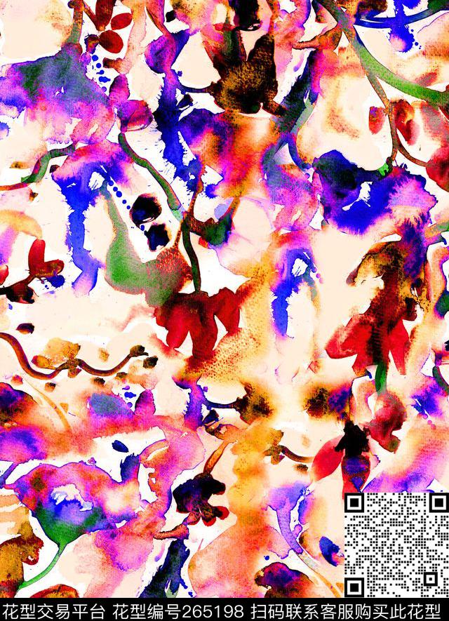水墨水彩花卉数码印花华亿平台下载（图片编号: 265198） - 瓦栏（Walan）
