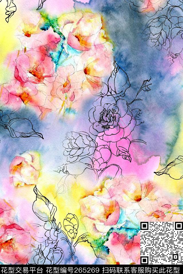 手绘水彩描花数码印花华亿平台下载（图片编号: 265269） - 瓦栏（Walan）